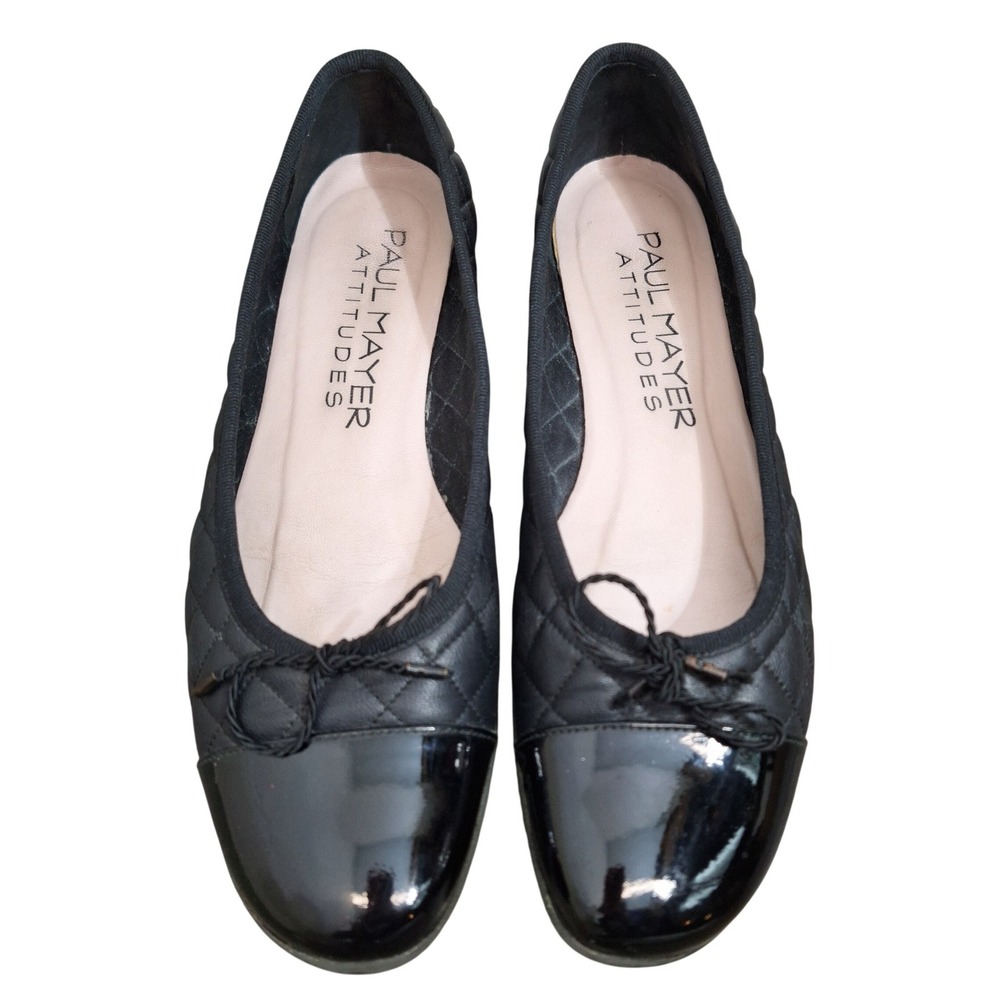 Paul‎ Mayer Attitudes Black Quilted Leather Patent Cap Toe Ballet Flats Size 6.5